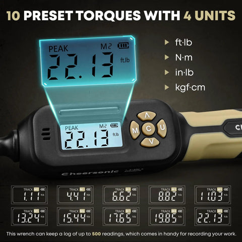 Pro-Grade Digital Torque Wrench 1/4 Drive With LED Display And Buzzer showing 22.13 ft-lb reading, multi-unit display