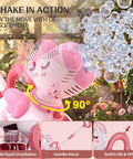 Magical Pink Unicorn Bubble Machine For Toddlers Ages Two To Four in action, generating bubbles with adjustable handle.