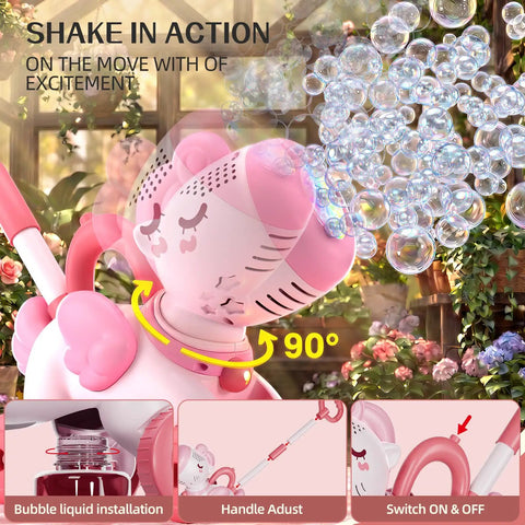 Magical Pink Unicorn Bubble Machine For Toddlers Ages Two To Four in action, generating bubbles with adjustable handle.