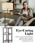 Solid Wood Floor Lamp With USB Type C Port And Outlet, End Table With Shelf, LED reading light with a grey drum shade.