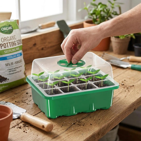 Person adjusting humidity dome on a 5 Pack Seed Starter Trays With Adjustable Humidity Dome And Base Indoor Greenhouse Mini Propagator, 12 Cells Per Tray, Clear, Reusable Seedling Starter Kit For Easy Germination And Plant Growth.