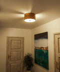 Shaker 3 Light Flush Mount Fixture In Brown Finish With Blackened Bronze Frame And Woven Wood Detailing, ceiling view