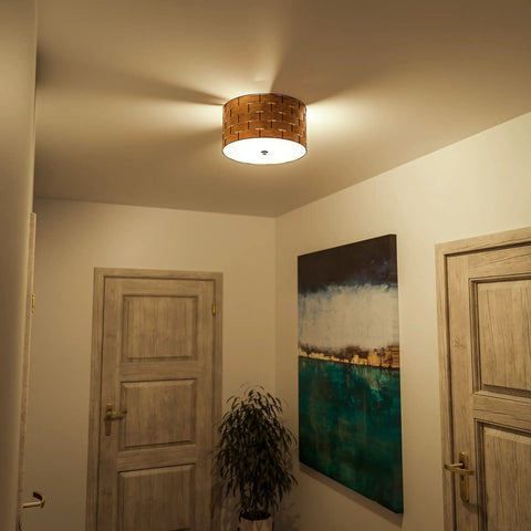 Shaker 3 Light Flush Mount Fixture In Brown Finish With Blackened Bronze Frame And Woven Wood Detailing, ceiling view