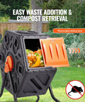 18.5 Gallon Compost Tumbler With Sliding Door, Space Saving Single Chamber, Steel Frame, BPA Free, in garden setting