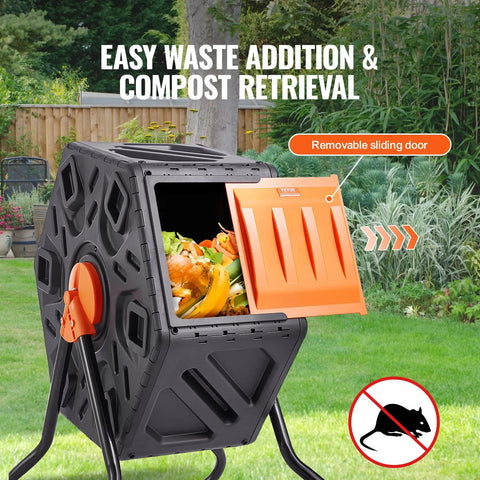 18.5 Gallon Compost Tumbler With Sliding Door, Space Saving Single Chamber, Steel Frame, BPA Free, in garden setting