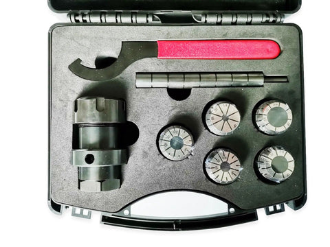 ER32 Woodworking Dowel Collet Chuck System set with five collets, wrench, and case, for lathe use, made in USA.