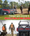 UTV Hunting Tool Holder Rack for Cargo Bed Universal Adjustable SXS Gear Mount on off-road vehicle at hunting site