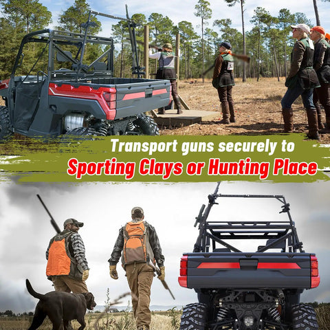 UTV Hunting Tool Holder Rack for Cargo Bed Universal Adjustable SXS Gear Mount on off-road vehicle at hunting site