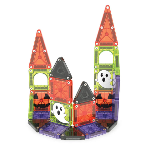 24 Piece Halloween Magnetic Building Tiles For Kids To Build A Mini Haunted House Featuring Spooky Neon Blocks Portable Travel Case And Next Level Sick Creativity Fun, mini haunted house with neon colors.