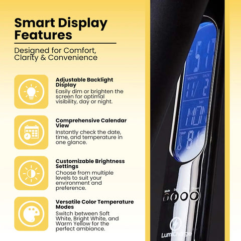 All In One LED Desk Lamp With Bluetooth Speaker And Fast Wireless Charger USB Port, Clock And Temperature Display showing screen features.