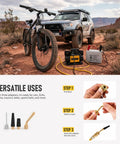 Heavy Duty 12V Air Compressor For 4X4 Trucks Portable Dual Cylinder Tire Inflator With 150 Psi Output and LCD Panel pumping air into a bike tire.