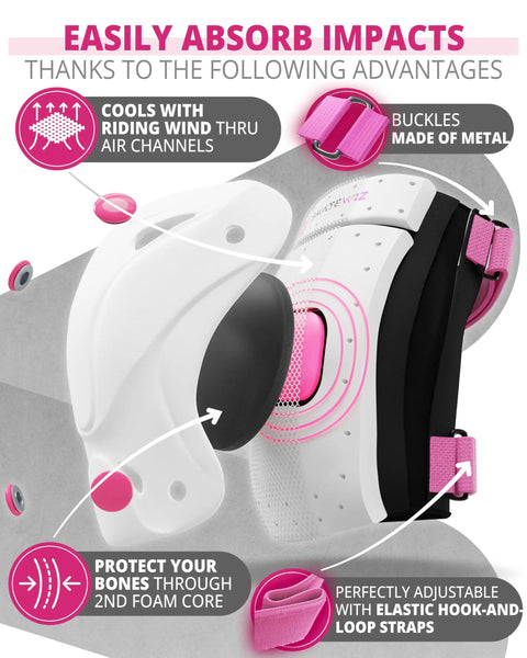 Knee And Elbow Pads For Adults Pink White Protective Gear PROTECT 1 features close-up on breathable foam and metal buckles.