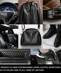 All In One Leather And Vinyl Repair Kit For Car Interiors And Home Furniture Fixes Scratches Tears Fading Stains On Couches Seats Sofas Jackets Purses Faux Pleather And Genuine Leather, showing dashboard, jacket, belt, car seat, purse, shoes, couch, and shoe detail.