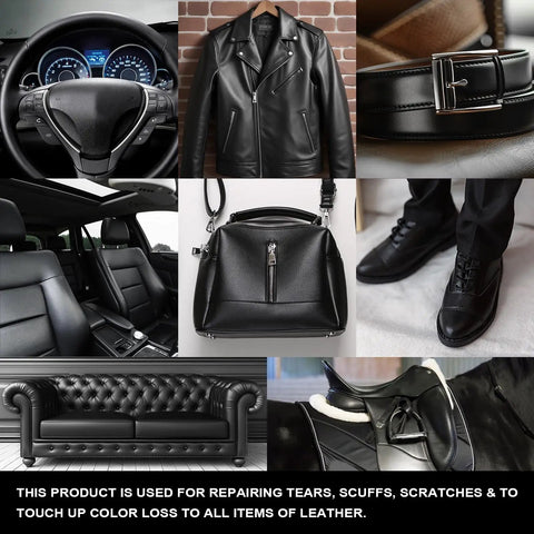 All In One Leather And Vinyl Repair Kit For Car Interiors And Home Furniture Fixes Scratches Tears Fading Stains On Couches Seats Sofas Jackets Purses Faux Pleather And Genuine Leather, showing dashboard, jacket, belt, car seat, purse, shoes, couch, and shoe detail.