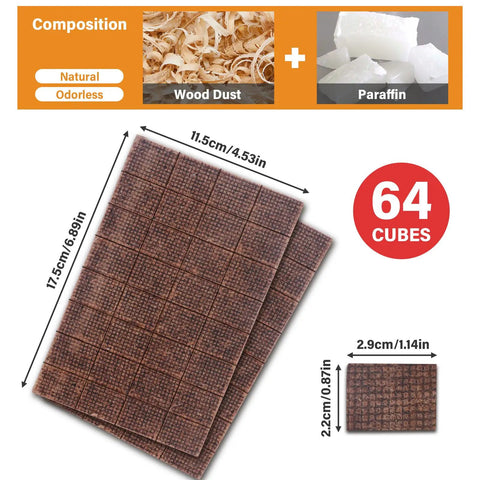 64 Mini Square Natural Pine Fire Starters composition with size dimensions for BBQ and campfire use.