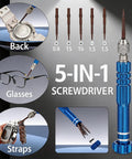 All In One Watch Repair Kit For Battery Replacement With 5 In 1 Precision Screwdriver showing interchangeable bits and usages