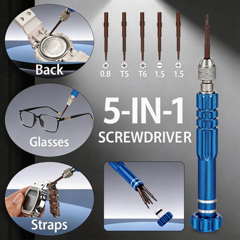 All In One Watch Repair Kit For Battery Replacement With 5 In 1 Precision Screwdriver showing interchangeable bits and usages