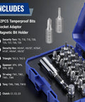 Ultimate 32-Piece Security Bit Set With Tamper Proof Torx Driver Tools, Heavy Duty Hex U-Type Tri-Wing Clutch Bits Made From Heat Treated Cr-V Steel With Magnetic Holder Case. Open case with 32 security bits and magnetic holder