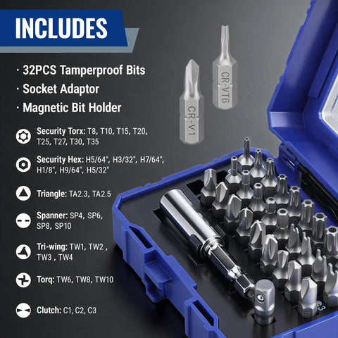 Ultimate 32-Piece Security Bit Set With Tamper Proof Torx Driver Tools, Heavy Duty Hex U-Type Tri-Wing Clutch Bits Made From Heat Treated Cr-V Steel With Magnetic Holder Case. Open case with 32 security bits and magnetic holder