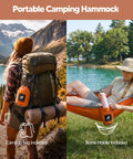 Ultralight Camping Hammock For Hiking And Travel, Durable Outdoor Hammock In Orange with carrying bag and bottle holder