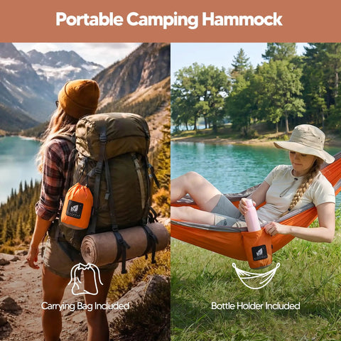Ultralight Camping Hammock For Hiking And Travel, Durable Outdoor Hammock In Orange with carrying bag and bottle holder