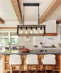 Farmhouse Rustic 5 Light Pendant Chandelier With Adjustable Height Chains Dope Wood Grain Finish over kitchen island