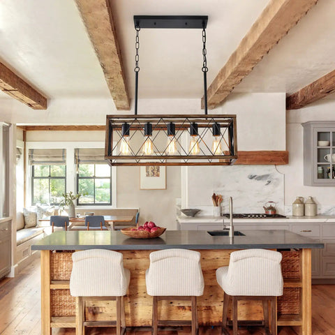 Farmhouse Rustic 5 Light Pendant Chandelier With Adjustable Height Chains Dope Wood Grain Finish over kitchen island