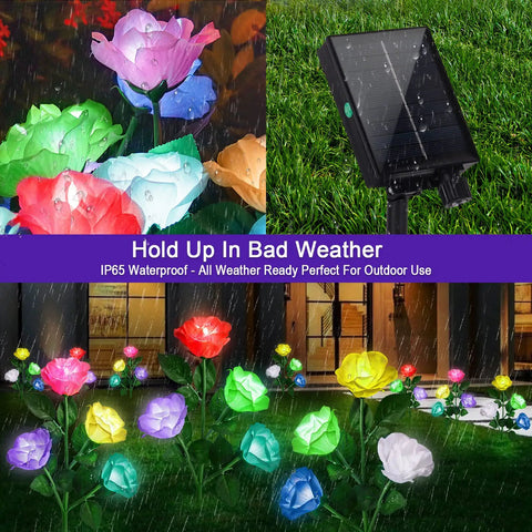 4 Pack Solar Rose Garden Lights With 7 Color Changing LEDs Waterproof Outdoor Lights in rain, vibrant colors in flower bed.