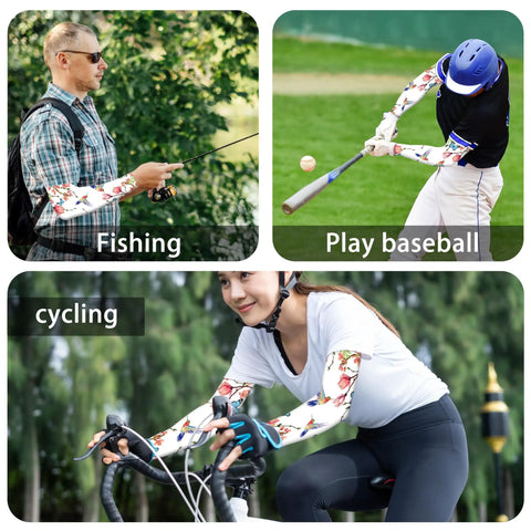 Hummingbird Pattern Gardening Arm Sleeves Keeps You Cool With Thumb Hole For Men And Women, Lightweight Breathable Polyester, Sun Protection, 19 Inch Length, Non Slip Ring, One Size, White shown during fishing, baseball, and cycling activities.