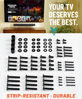 No Sweat Universal TV Mount Hardware Kit With M4 M5 M6 M8 Screws And Spacers For Flat Screens Up To 80 Inches kit layout and components on white background.