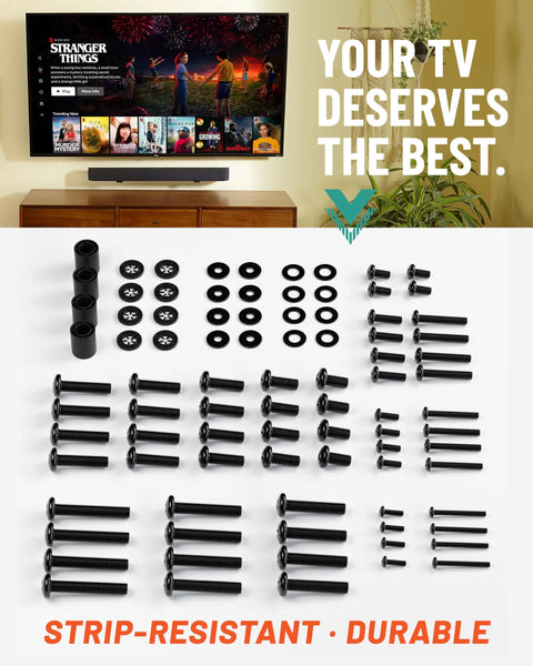 No Sweat Universal TV Mount Hardware Kit With M4 M5 M6 M8 Screws And Spacers For Flat Screens Up To 80 Inches kit layout and components on white background.