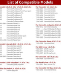 List of compatible models for Rear Wheel Bearing And Seal Kit For GM Rigs And SUVs Left And Right Axle Fits Blazer Silverado Suburban Canyon Tahoe Envoy Trailblazer Sierra 2500 1500.