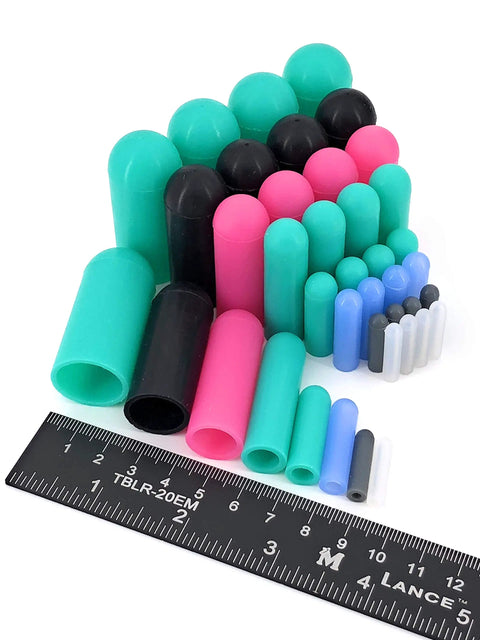 40 Piece Silicone Rubber Cap Set For High Temp Masking End Caps In Three Thirty Second To Three Quarter Inch Sizes next to ruler