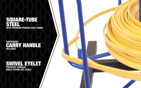 Close-up of Wire Smart Cable Dispenser Floor Or Stud Mount 3 In 1 Pro Grade Utility showing yellow cable and blue steel frame.