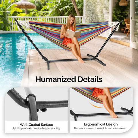 Heavy Duty 550 Lbs Double Hammock With Stand Included And Portable Carrying Bag For Outdoors And Indoors Rainbow Stripe Upgraded 2 Person Hammock With Frame