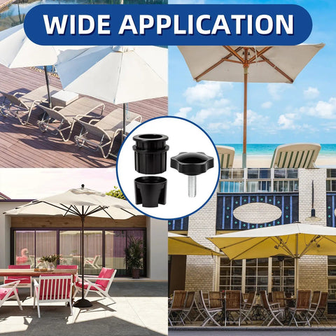 8 Piece Outdoor Patio Umbrella Base Replacement Parts Kit With Hole Ring Sets Stabilizer Sleeves And M8 Threaded Hand Knobs For 1.95 Inch And 1.55 Inch Base Holes Plus 2.2 Inch Outer Diameter Stabilizers Black in use on patios and beach settings