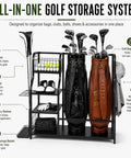 Heavy Duty Golf Bag Storage Rack For Two Bags With Shelves And Accessory Holders, rack with golf clubs and balls, black