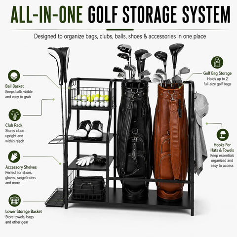 Heavy Duty Golf Bag Storage Rack For Two Bags With Shelves And Accessory Holders, rack with golf clubs and balls, black
