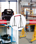 Heavy Duty Adjustable Shop Crane Lift Hoist With 8 To 12 Feet Height 4400 Lbs Capacity Triangular Base For Safe Lifting In Warehouse And Factory Spaces shown in various usage scenarios.