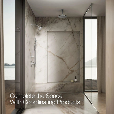 Modern bathroom with Forté Four-Function Handshower With Nonpositive Shutoff installed in marble shower.