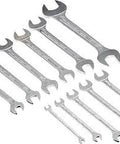 11-Piece Double Open End Wrench Set, Tough-As-Nails Pro-Grade Chrome Plated Tools With 15 Degree Offset, Anti-Slip Drive, laid out