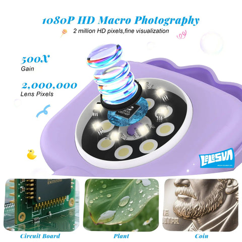 Portable Pocket Microscope For Kids With 2.4 Inch IPS Screen 1080P HD View, 8 Adjustable LEDs, 500x Magnification And 4x Zoom, Lion Themed STEM Toy Gift For 3 To 10 Year Old Boys And Girls showing 500x lens and sample images