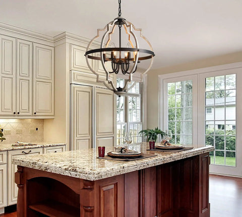 Six-Light Globe Farmhouse Chandelier In Black Metal With White Distressed Wood Finish over kitchen island