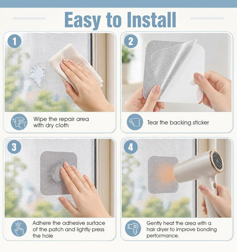 Installation steps for Heavy Duty Self Adhesive Mesh Window Screen Patches Quick Fix Kit on a torn screen.