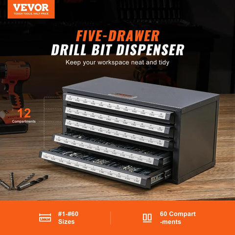 Five Drawer Drill Bit Dispenser Cabinet With Sixty Compartments For Jobber Length Bits 1 To 60 Clear Labeled Organizer For Quick Access And Neat Workshop Black Drill Bit Storage Cabinet