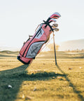Ladies Left or Right Handed Golf Club Set For Regular And Petite Fits with pink deluxe stand bag on golf course