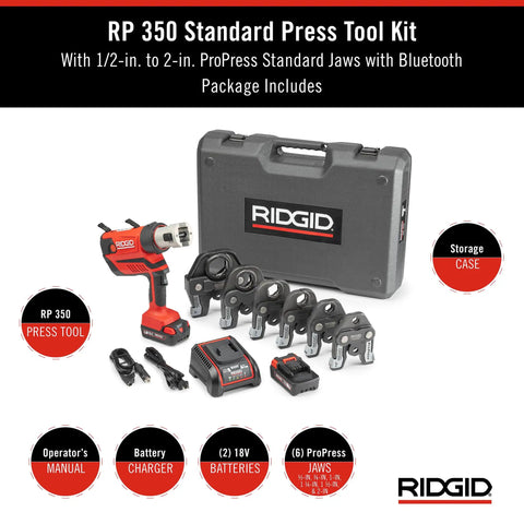 RP 350 ProPress 8 Piece Pressing Tool Kit With 18 Volt Battery Charger Four ProPress Jaws One Half Inch To Two Inch And Durable Carry Case