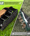Comparison of spring loaded double layer lawn aerator shoes for yard and garden aeration with springs no dirt on shoes