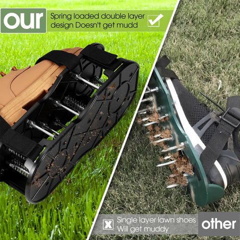 Comparison of spring loaded double layer lawn aerator shoes for yard and garden aeration with springs no dirt on shoes