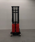 Heavy Duty Thin Leg Semi Electric Pallet Stacker 2204 Lbs Capacity 138 Inch Lift Height 110V Plug in front view with red base.